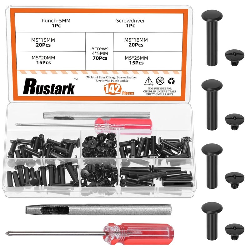 Rustark 142Pcs 4 Sizes Black Chicago Screws Leather Rivets Assortment Kit with Setting Tools M5 Assorted Screws Rivets Metal Chicago Binding Screw for Leather Craft Belts Bags - Image 1